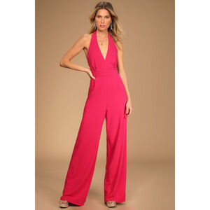 Lulus Diva Moment Magenta Halter Wide-leg Jumpsuit Pink - Size S